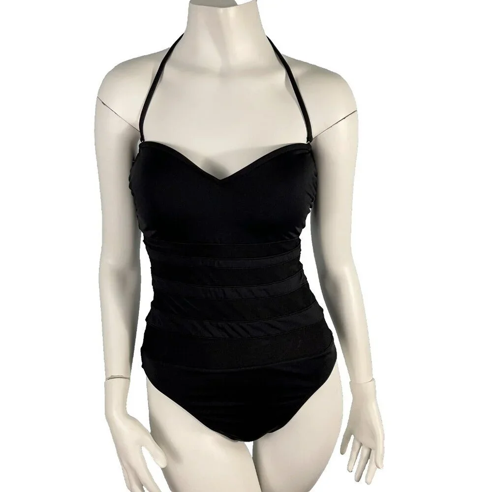La Blanca Halter Sheer Striped Slimming One Piece Swimwear Black Size 10